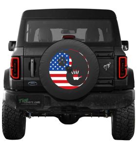 Ying Yang Dog Paw Waving Hand with American Flag Spare Tire Cover on Black Vinyl For Jeeps and Broncos