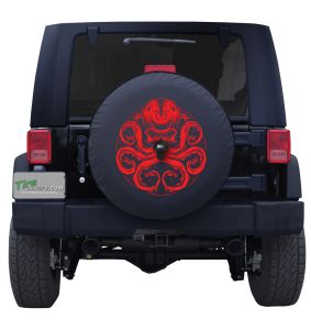 Angry Red Octopus Spare Tire Cover for Jeeps and Broncos on Black Vinyl