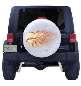 Home Run Crushed Baseball Spare Tire Cover on White Vinyl Front