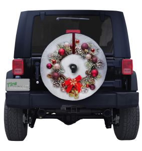 Christmas Wreath Tire Cover with Frosted Pine Cones on Black Vinyl for Jeeps and Ford Broncos