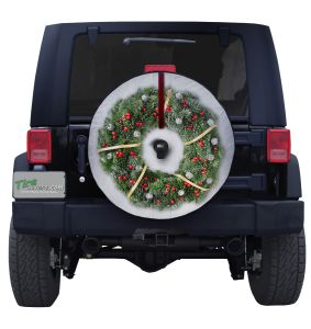 Christmas Wreath Tire Cover with Spruce and Cranberries with white print on Black Vinyl for Jeeps and Ford Broncos