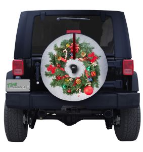 Christmas Wreath Tire Cover with Spruce and Holiday Ribbons and Ornaments with white print on Black Vinyl for Jeeps and Ford Broncos