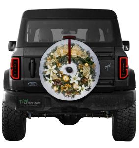 Christmas Wreath Tire Cover with Golden Ribbons and Ornaments with white print on Black Vinyl for Jeeps and Ford Broncos