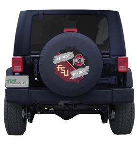 Florida State University Seminoles & Ohio State Buckeyes House Divided Tire Cover on a Black Vinyl