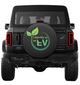 I Identify as an EV with Green Leaf Tire Cover on Black Vinyl