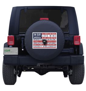 In Our America Flag Spare Tire Cover Jeep Wrangler with Backup Camera