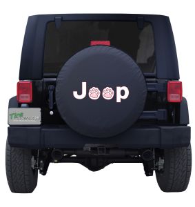 Jeep Wrangler Cat Paw Print Spare Tire Cover shown with white cat fur prints