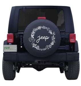 Jeep Script Floral Wreath Custom Tire Cover with Backup Camera (Backup Port must be purchased separately).