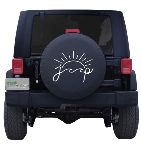 Custom Jeep Sunrise Tire Cover on a Black Tire Cover