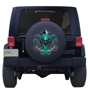 Kraken Octopus with Anchor Spare Tire Cover for Jeeps and Broncos on Black Vinyl