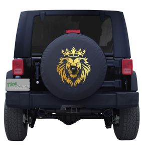 Golden African Lion Head Tire Cover on Black Vinyl