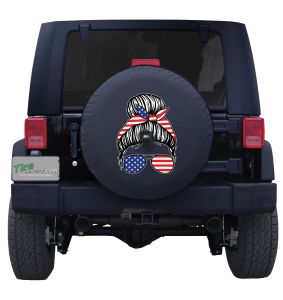 Messy Bun American Flag Tire Cover on Black Vinyl