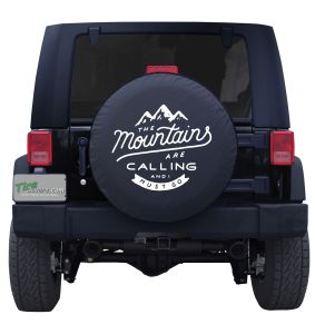 The Mountains Are Calling Tire Cover Slanted Writing