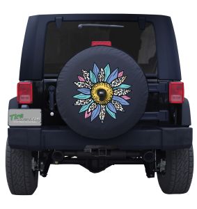 Pastel Leopard Sunflower Tire Cover for Jeeps and Ford Broncos on Black Vinyl