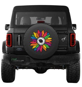 Rainbow Sunflower Tire Cover for Jeeps and Ford Broncos on Black Vinyl