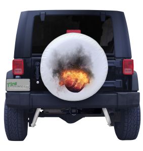 Blazing Fireball Ptich  Baseball Spare Tire Cover on White  Vinyl Front