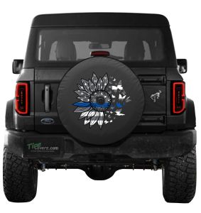 Black and White Sunflower Butterfly Swarm with Back The Blue Line Tire Cover for Jeeps and Ford Broncos