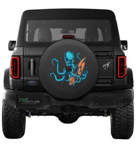 Surfing Kraken Octopus Spare Tire Cover for Jeeps and Broncos on Black Vinyl