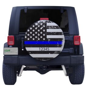 Thin Blue Line Distressed Flag with Custom Text Tire Cover on Black Vinyl