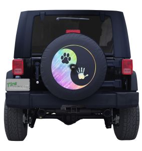 Ying Yang Dog Paw Waving Hand with Tye Dye Design Spare Tire Cover on Black Vinyl For Jeeps and Broncos