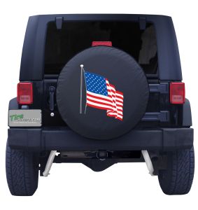 Waving USA Flag Tire Cover on Black Vinyl Front