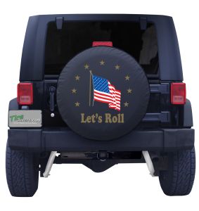 Let's Roll American Flag Tire Cover on Black Vinyl Front