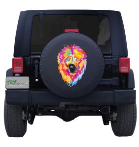 Watercolor Lion Head Spare Tire Cover on Black Vinyl