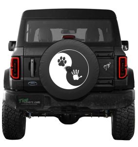 Ying Yang Dog Paw Waving Hand with Tye Dye Design Spare Tire Cover on Black Vinyl For Jeeps and Broncos