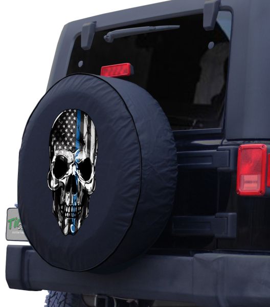 Back the Blue Thin Blue Line SKull American Flag Spare Tire Cover