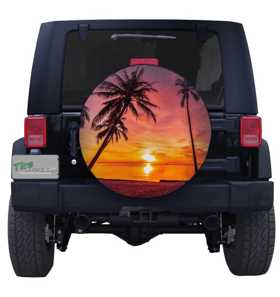 Tropical Palms Trees Navy Blue Ocean Beach Leader Accessories Spare Tire Cover,Waterproof Dust-Proof Fit 23-32 Inches
